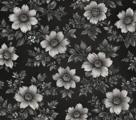 Elegant charcoal small floral pattern, delicate vintage design  , leaves, grey