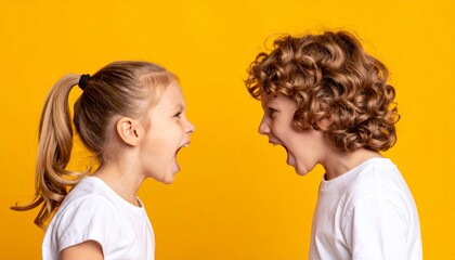Two children, one with curly hair and the other with a ponytail, loudly yelling at each othe.
