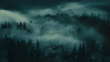 Mysterious Forest Landscape with Fog and Dark Atmosphere at Dusk