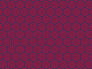 A repeating geometric pattern background. Red hexagons are arranged on a dark blue background creating a tessellated design.