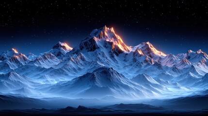 Majestic snowy peaks under a starry night sky
