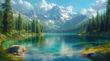 Serene alpine lake nestled in a lush valley, mountains reflect in the water