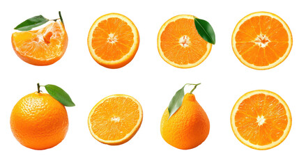 Whole and Sliced Oranges from Multiple Angles Isolated on Transparent Background

