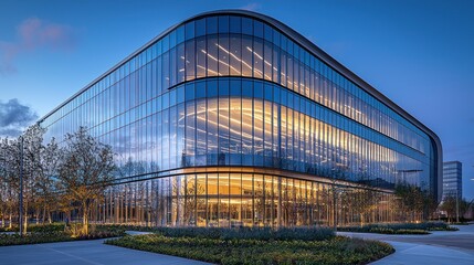 Obraz premium Modern glass office building at twilight (2)
