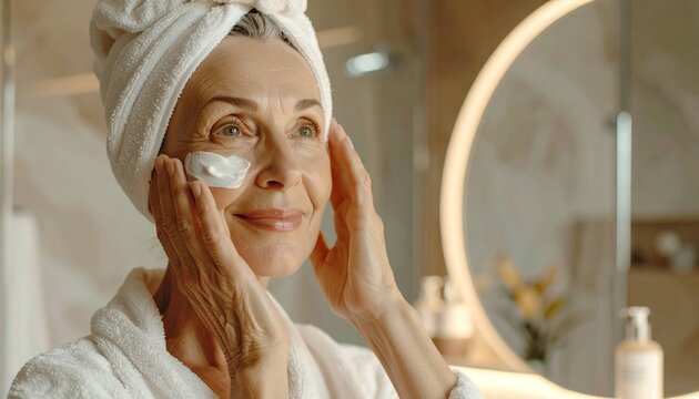 Mulher branca com mais de 50 anos passando creme no rosto 