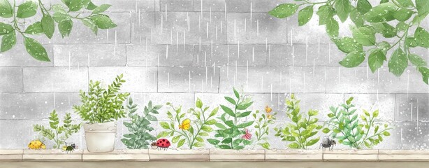 Rainy Day Garden with Vibrant Plants and Insects in Watercolor Style
