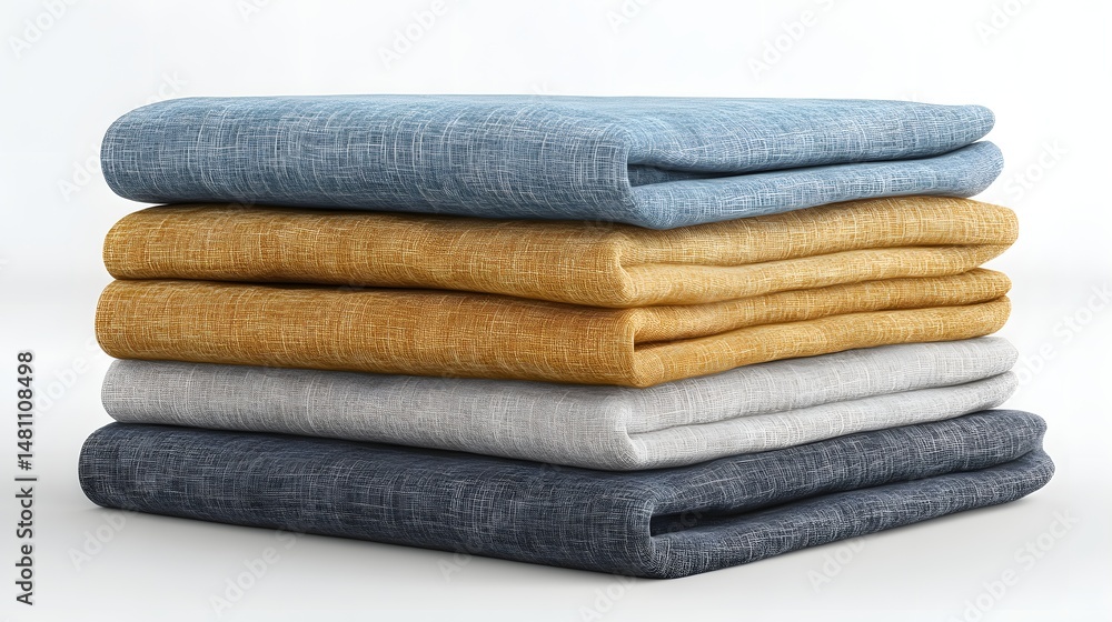 Poster stack of folded fabrics in various muted colors.
