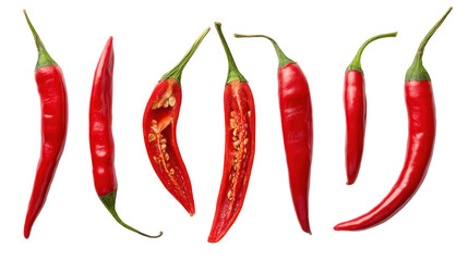 Red Chili Peppers — Whole and Single Pieces Isolated on Transparent Background

