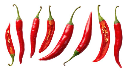 Red Chili Peppers &mdash; Whole and Single Pieces Isolated on Transparent Background

