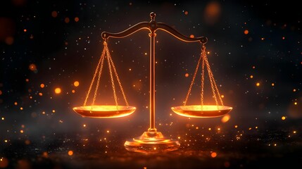 Glowing Orange Scales of Justice Against Dark Sparkling Background