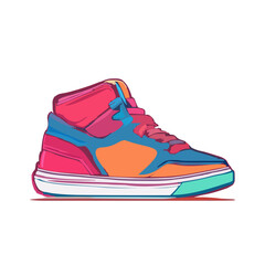 Vector illustration of a colorful high top sneaker or basketball shoe, modern and stylish footwear graphic in vibrant pink, blue, and orange colors