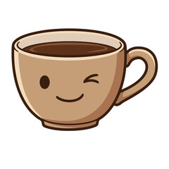 Obraz premium A cute kawaii coffee mug character winking with a playful smile, cheeky drink illustration perfect for cheerful animated stickers and whimsical art prints