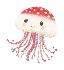 Naklejka premium Cute smiling cartoon jellyfish with red cap and pink tentacles, cut out - stock png.