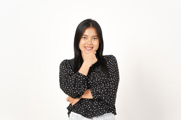 Smiling and Looking at Camera Of Beautiful Asian Woman Wearing Black Isolated On White Background