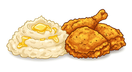 Creamy mashed potatoes with pools of melted butter, served alongside golden fried chicken with crispy, craggy skin