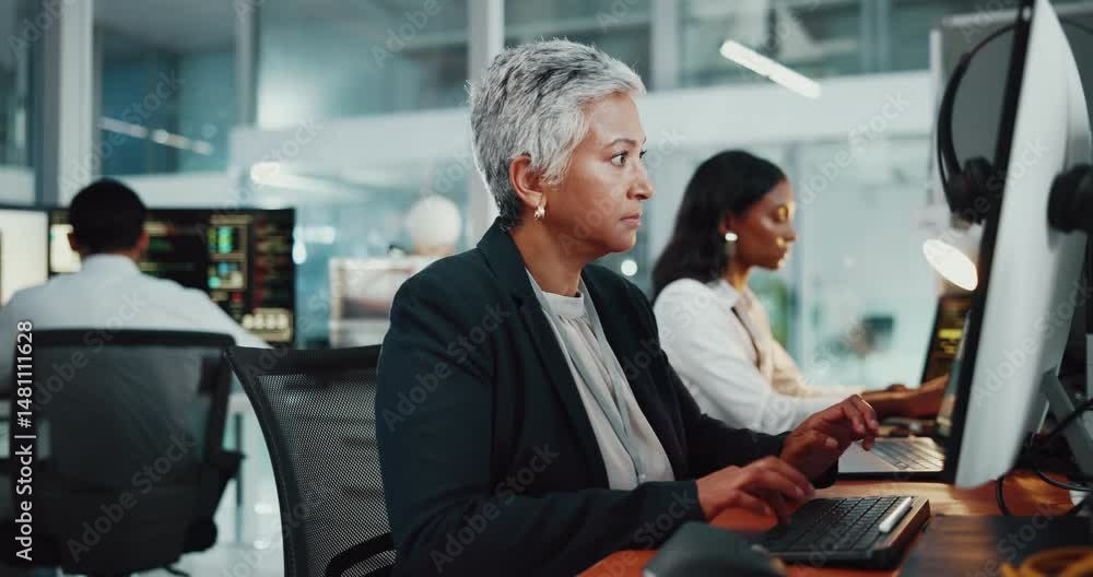 Aufkleber Thinking, woman and developer by computer in office of programming, it support and software update. Mature female person, pc or typing of website development, coding server and troubleshooting system