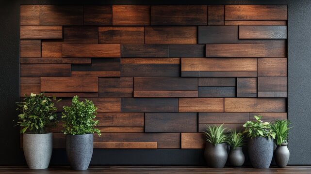Modern Wooden Accent Wall with Decorative Potted Plants in Minimalist Interior