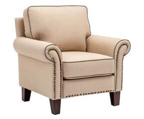 Cozy beige linen armchair with plush cushions and dark wooden legs, featuring decorative nailhead trim for classic look