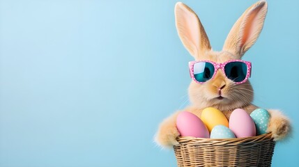 Bunny in Sunglasses Posing with a Basket of Colorful Easter Eggs