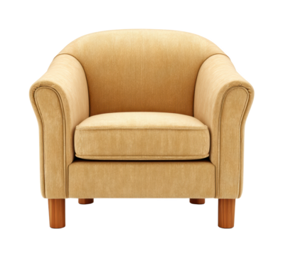 Cozy beige velvet armchair with rounded silhouette and wooden legs, perfect for comfortable living room seating