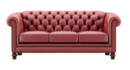 Fototapeta premium Luxurious red leather sofa with tufted back and rolled arms, perfect for elegant living room comfort and style
