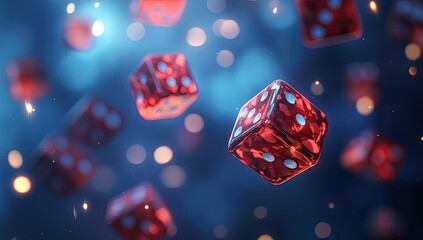 Red dice floating in the air, surrounded by sparks and bokeh