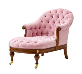 Luxurious chaise lounge in blush pink upholstery with wooden frame and brass caster wheels, elegant and comfortable