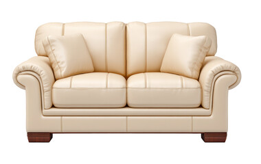 Luxurious cream leather sofa with two matching cushions and wooden legs, perfect for elegant living room comfort