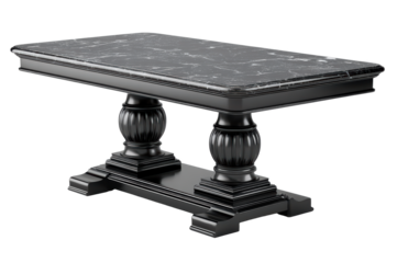 Luxurious dark granite dining table with polished surface and ornate pedestal legs, perfect for elegant interiors