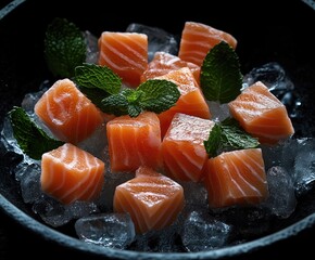 Cubed salmon on ice, garnished with fresh mint