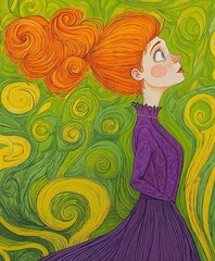 Whimsical red-haired woman in vintage dress, dreamy mood, side profile illustration on a swirling green and yellow fantasy background, with space to copy – Artist Day concept