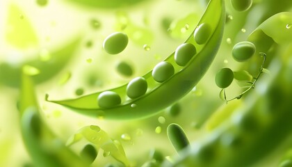 Vibrant, green pea pod with scattered peas in a luminous, abstract display.
