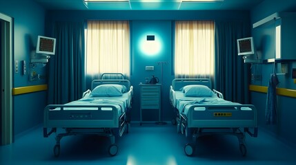 Empty Hospital Room with Two Patient Beds and Ambient Lighting