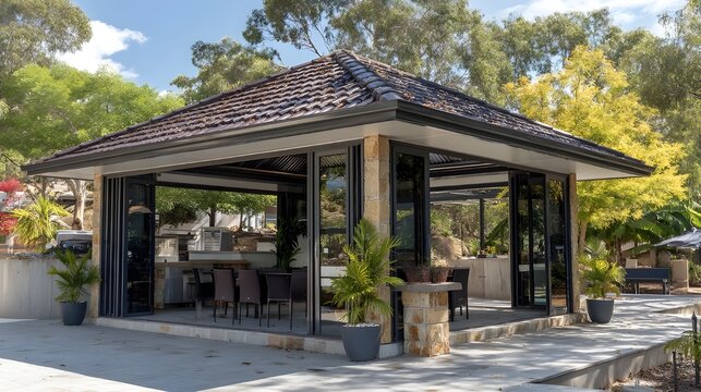 Admire a modern steel-framed structure featuring tiled roofing and expansive glazing for sleek architectural statement