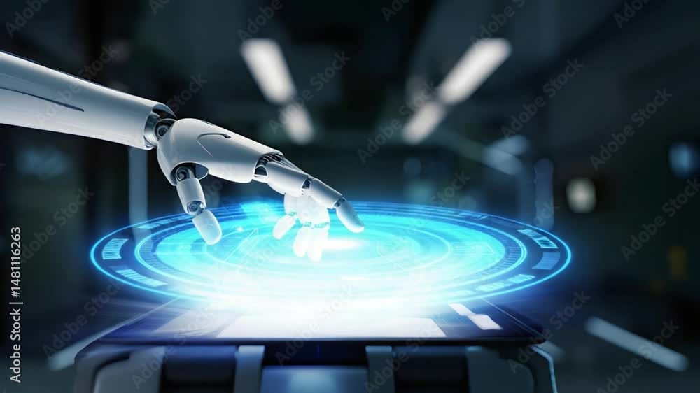 Poster robotic hand interacting with holographic interface and digital