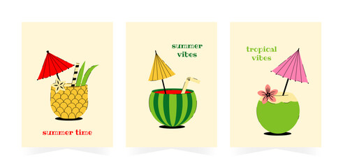 Summer beach poster set. Vector background with tropical pineapple, coconut, watermelon cocktails. Colorful illustration for poster, banner, cover, card, story, summer sale