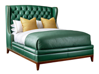 Obraz premium Luxurious green leather bed with tufted headboard and gold trimmed details, featuring white and gold pillows for comfort