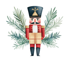 Traditional wooden nutcracker soldier with spruce branches, cut out - stock png.