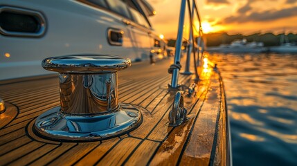 Polished deck fitting on a yacht at sunset