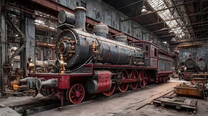 Naklejka premium Explore Restoration of a Vintage Locomotive in a Heritage Railway Workshop Reviving Historic Rail Beauty