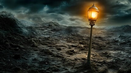 Illuminated Post Lamp Tipping Over in Dark Stormy Environment