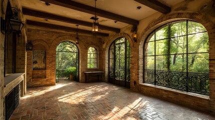 Fototapeta premium Veranda adorned with wrought iron walls and terracotta details creating enchanting Mediterranean style outdoor living