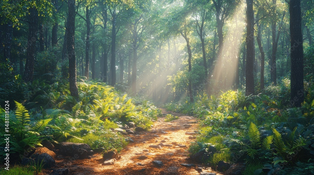 Poster sunlight streams through a lush forest path