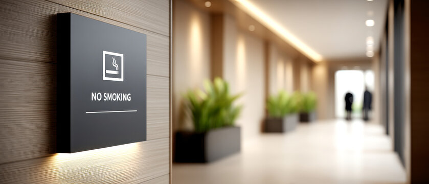 A modern hallway features a clear "No Smoking" sign on a wooden wall, with plants and people visible in the background.