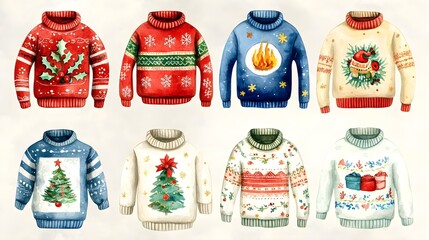 Colorful Watercolor Christmas Sweaters Clipart for Holiday Use