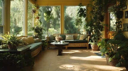 Fototapeta premium Transform Your Home with a Stunning Sunroom Featuring Insulated Glass Walls and Cork Tile Flooring