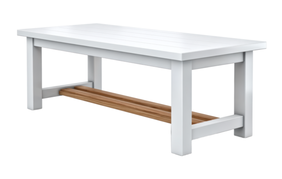 Minimalist white lacquered rectangular dining table with wooden lower shelf, modern and clean design for home