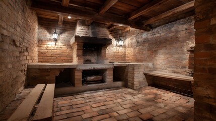 Step into an Authentic Smokehouse with Exposed Brick Walls, Traditional Clay Flooring, Rich Smoky Aromas