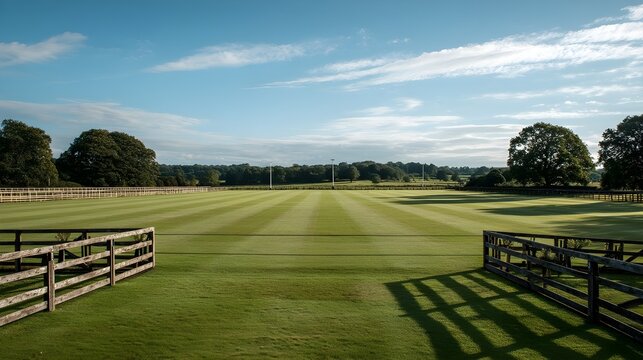 Experience polo in a traditional field with goal posts, manicured grass, and elegant spectator galleries