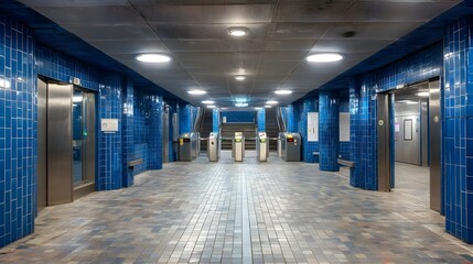 Empty underground subway passage illuminated with cobalt hues offers futuristic exploration experience for photographers architects